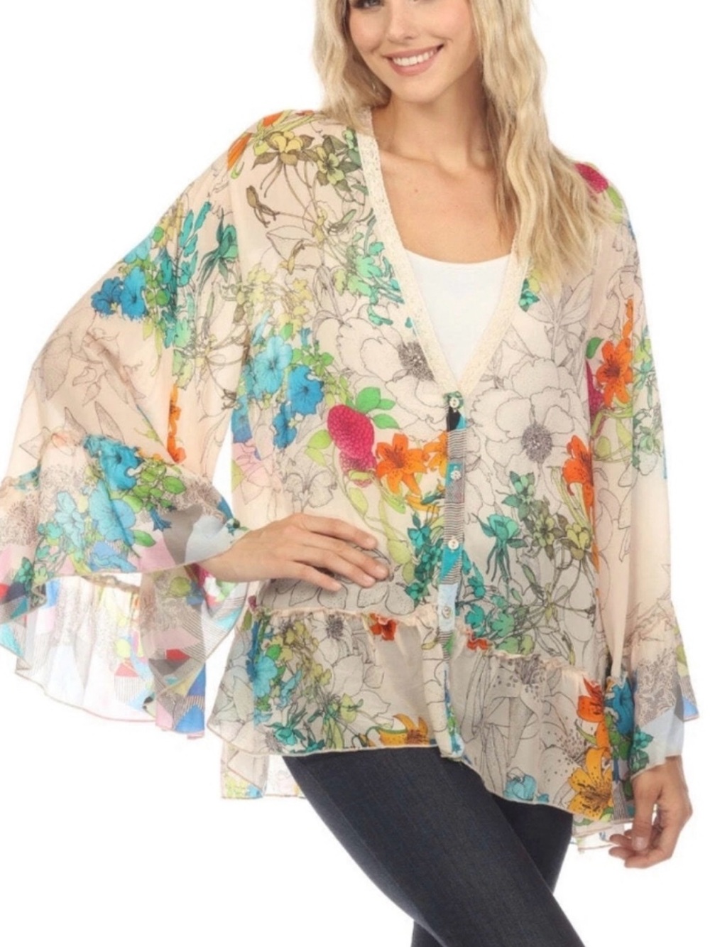 Johnny Was Floral V-Neck  Kimono in Cream with Multicolor Blooms
